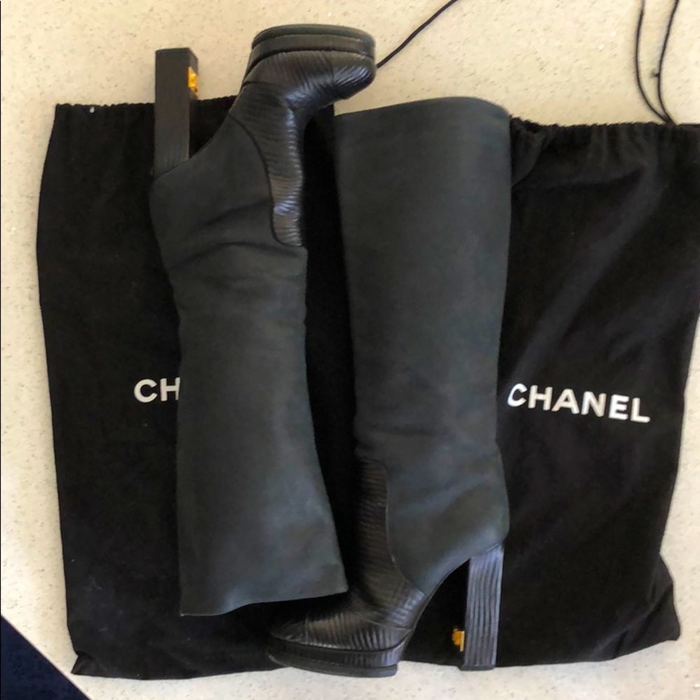 Chanel calfskin leather under knee high boots